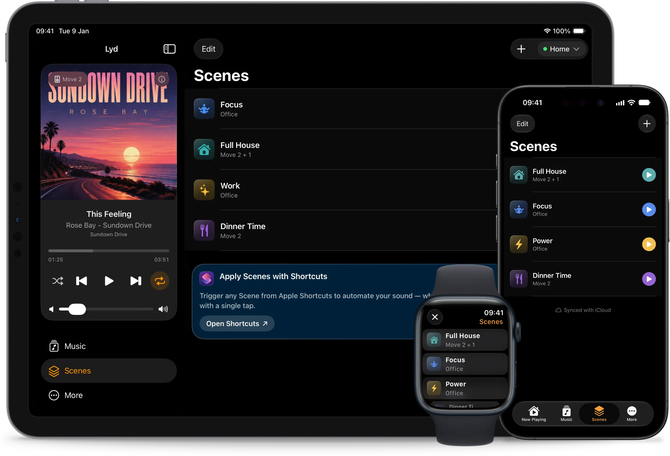 Die Szenen-Liste auf dem iPad neben der Seitenleiste mit der aktuellen Wiedergabe, mit vier Szenen namens Focus, Full House, Work und Dinner Time und je einem Abspiel-Button
