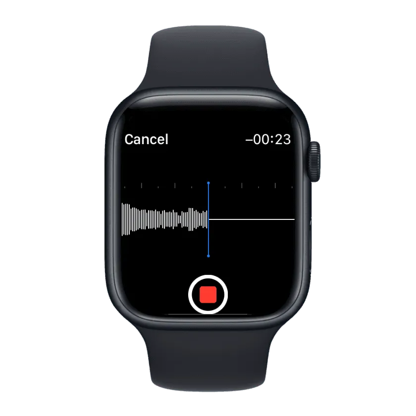 Eine Apple Watch nimmt in Lyd eine Sprachnachricht auf: Wellenform, Countdown mit minus 23 Sekunden und ein roter Stopp-Button