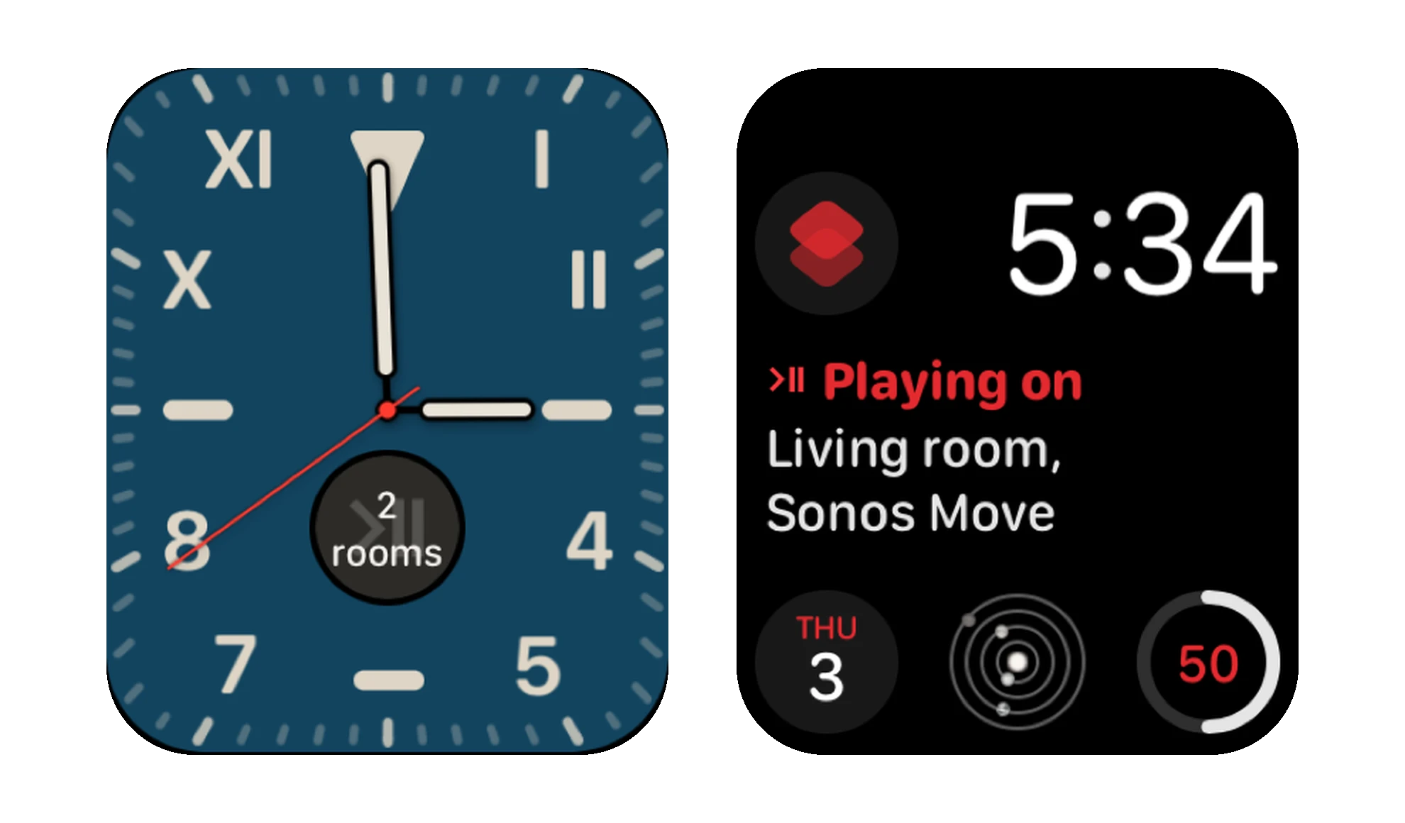 Zwei Zifferblätter der Apple Watch mit je einer Lyd-Komplikation: eine runde mit „2 Räume“ und eine rechteckige mit „Spielt auf Wohnzimmer, Sonos Move“