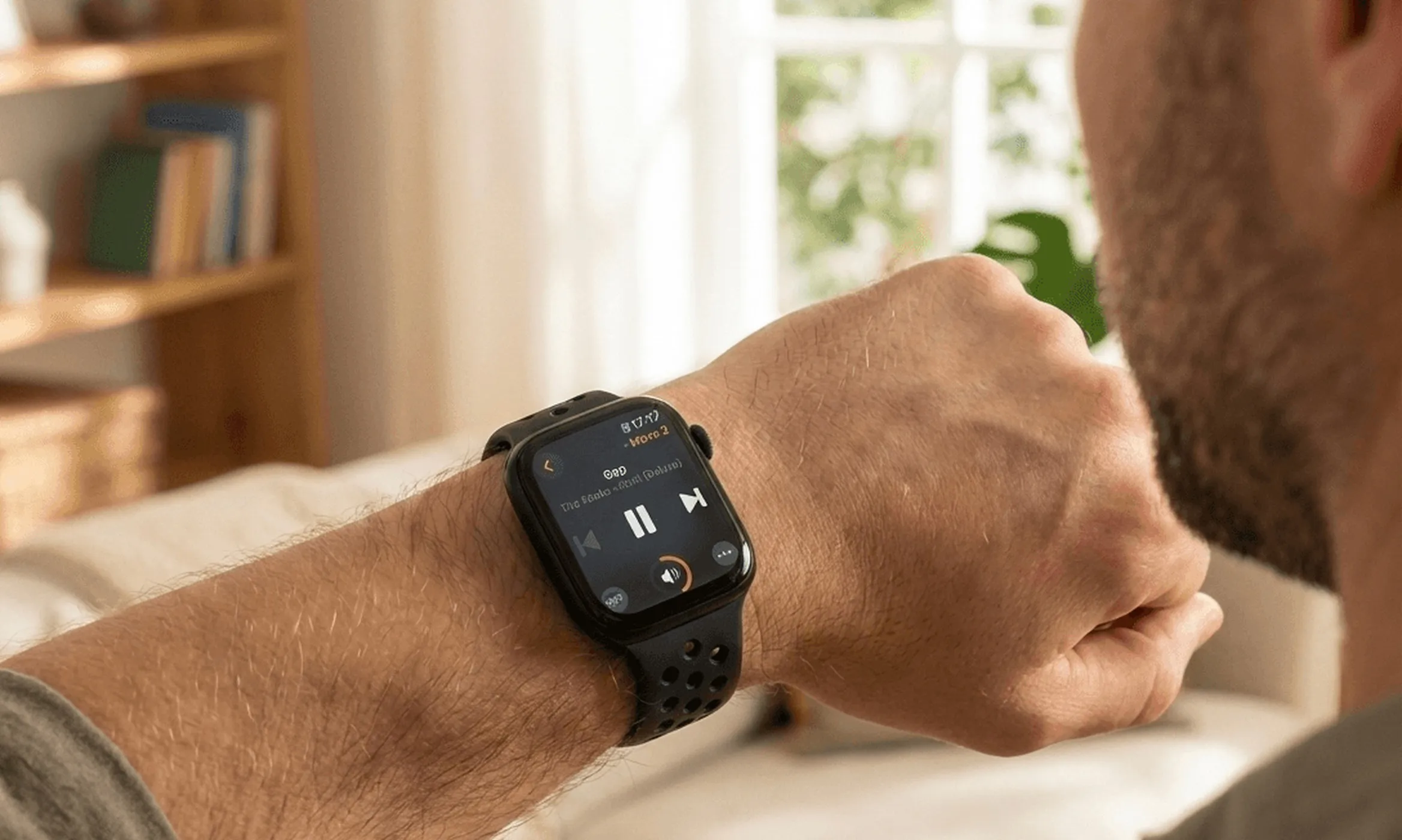 Das Handgelenk einer Person im Wohnzimmer, auf der Apple Watch die Wiedergabesteuerung von Lyd