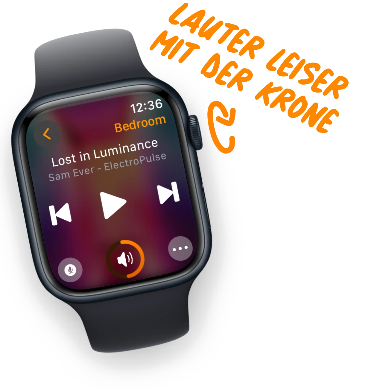 Der Wiedergabebildschirm von Lyd auf einer Apple Watch, mit einer Markierung an der Digital Crown für die Lautstärke