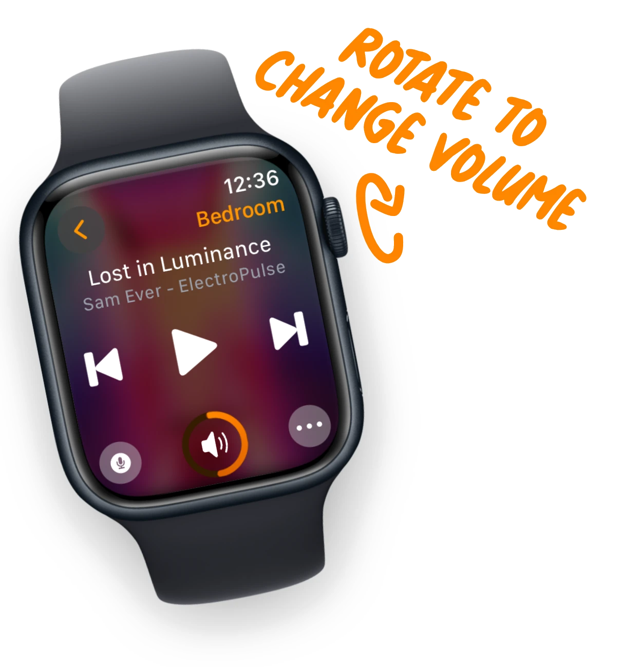 Lyd's Now Playing screen on an Apple Watch, with the Digital Crown marked as the volume control