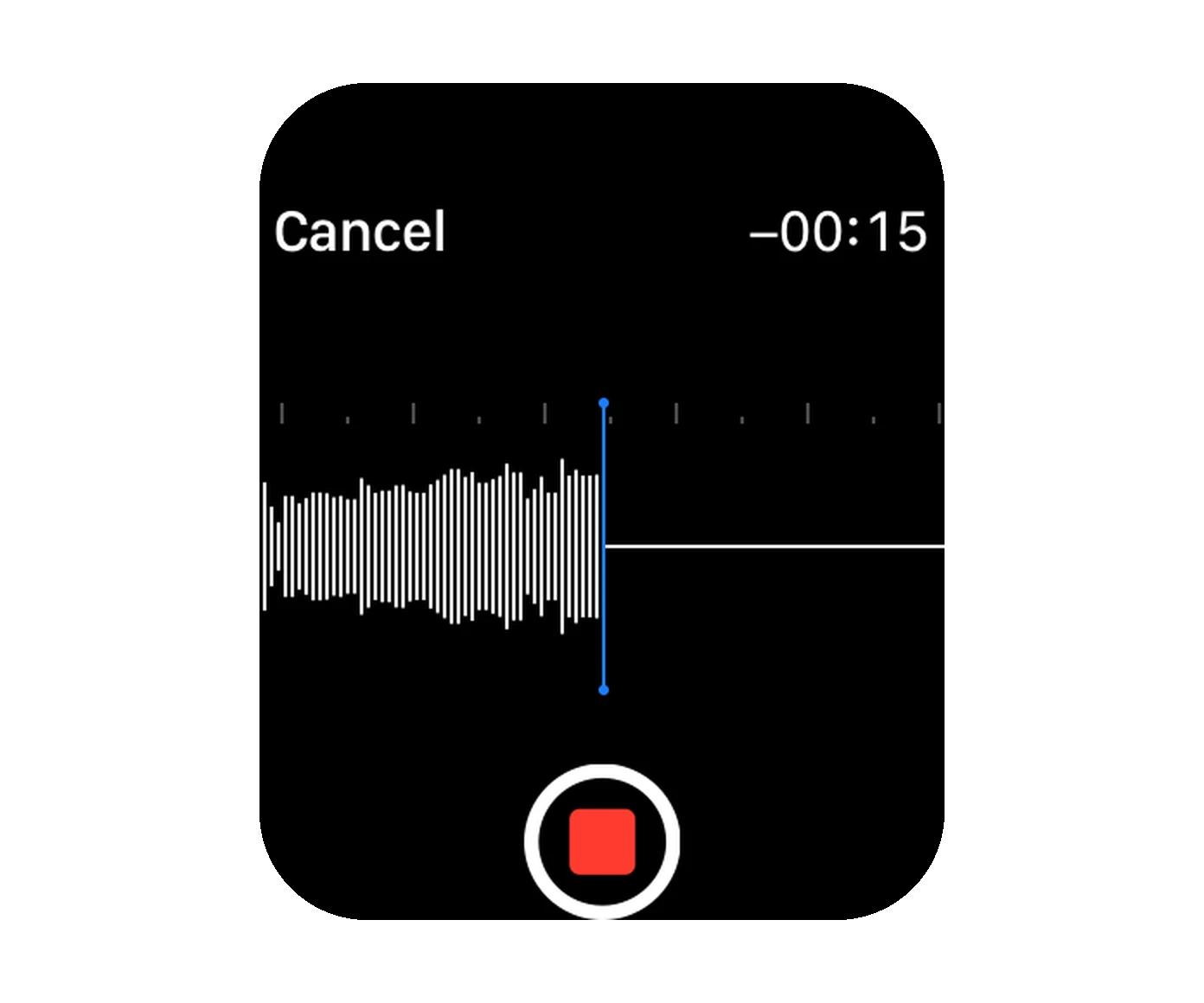 Lyd nimmt auf einer Apple Watch eine Sprachnachricht auf, mit laufender Wellenform und Countdown