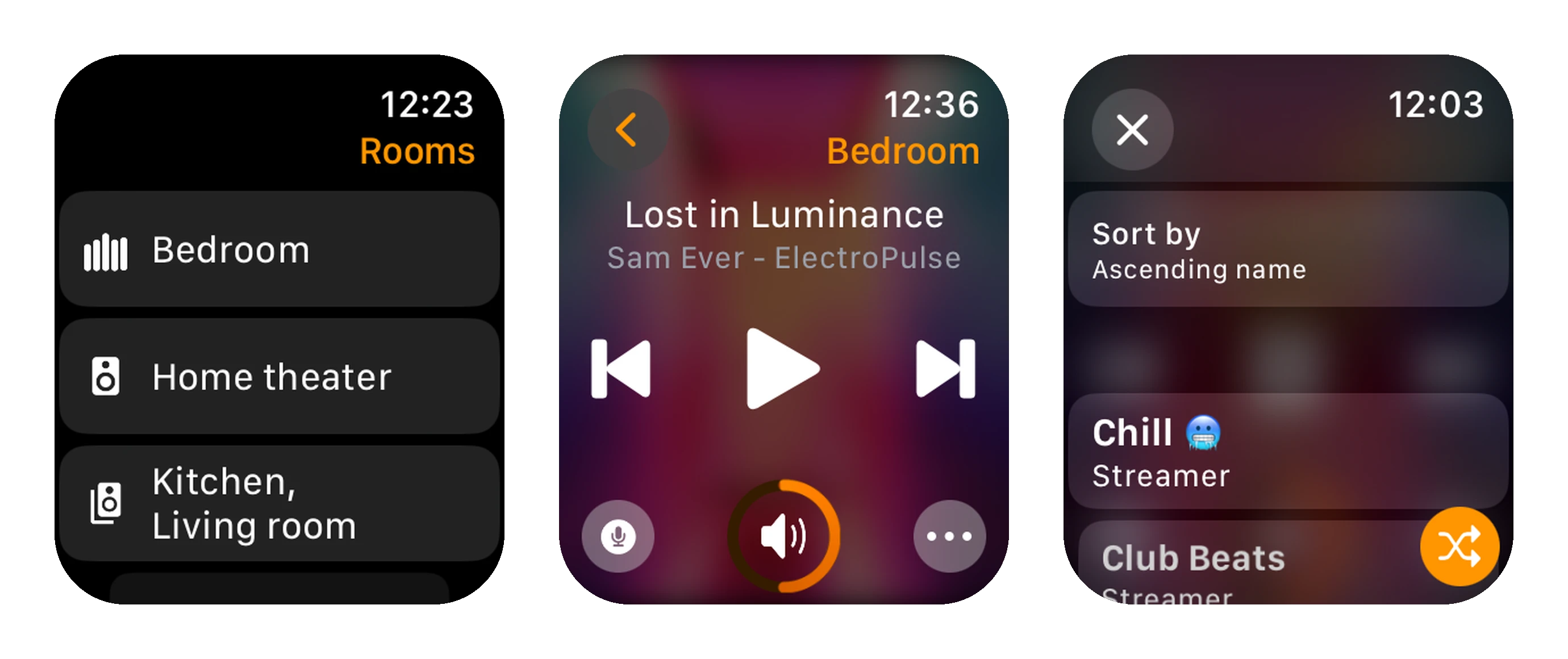 Drei Apple-Watch-Bildschirme von Lyd: die Raumliste, der Wiedergabebildschirm für das Schlafzimmer und eine Liste der Sonos-Favoriten