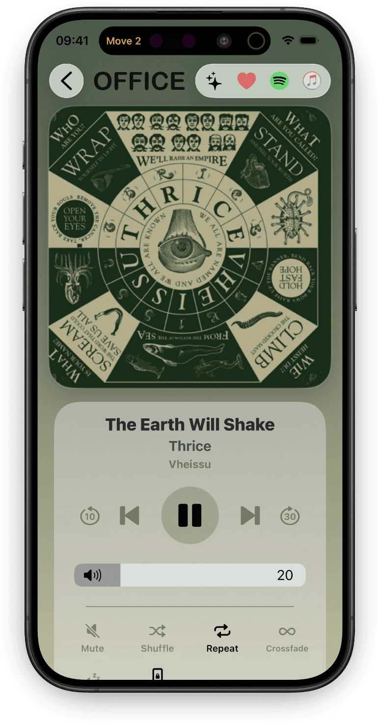 Orto für Sonos auf dem iPhone: ein großflächiges Albumcover über einer Tastenreihe, ein Lautstärkeregler bei 20 und Schalter für Stumm, Zufall, Wiederholen und Überblenden