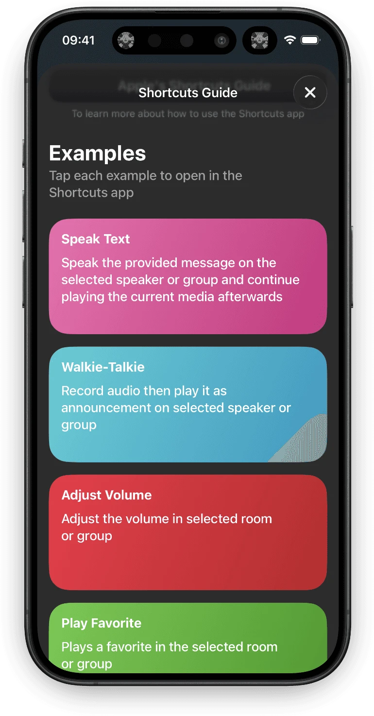 Soros Kurzbefehl-Übersicht auf dem iPhone mit Beispielaktionen als farbige Karten: Speak Text, Walkie-Talkie, Adjust Volume und Play Favorite