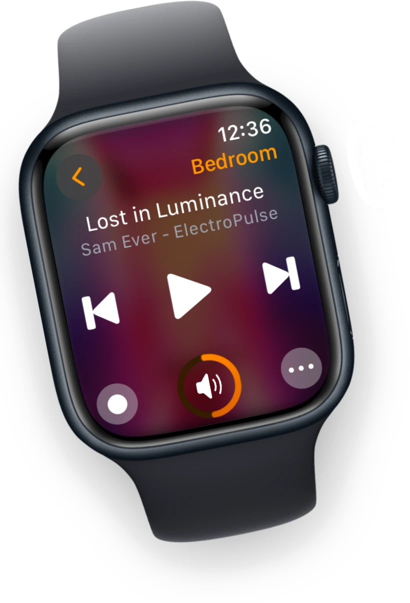 Der Wiedergabe-Bildschirm von Lyd auf einer Apple Watch, mit Lautstärkering um die Lautsprechertaste