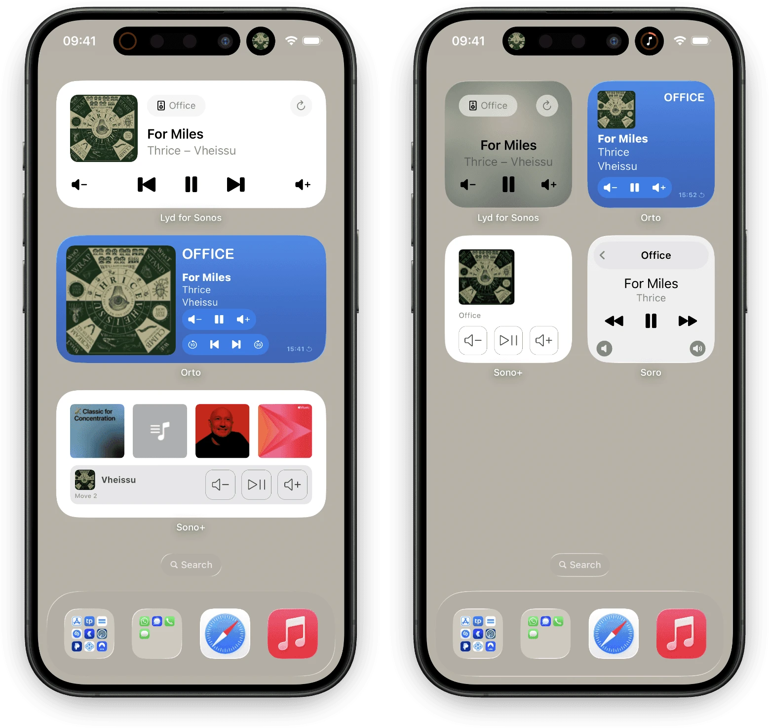 Zwei iPhone-Home-Bildschirme nebeneinander. Links mittlere Widgets von Lyd, Orto und Sono+, rechts kleine Widgets von Lyd, Orto, Sono+ und Soro, alle mit demselben Titel im Büro