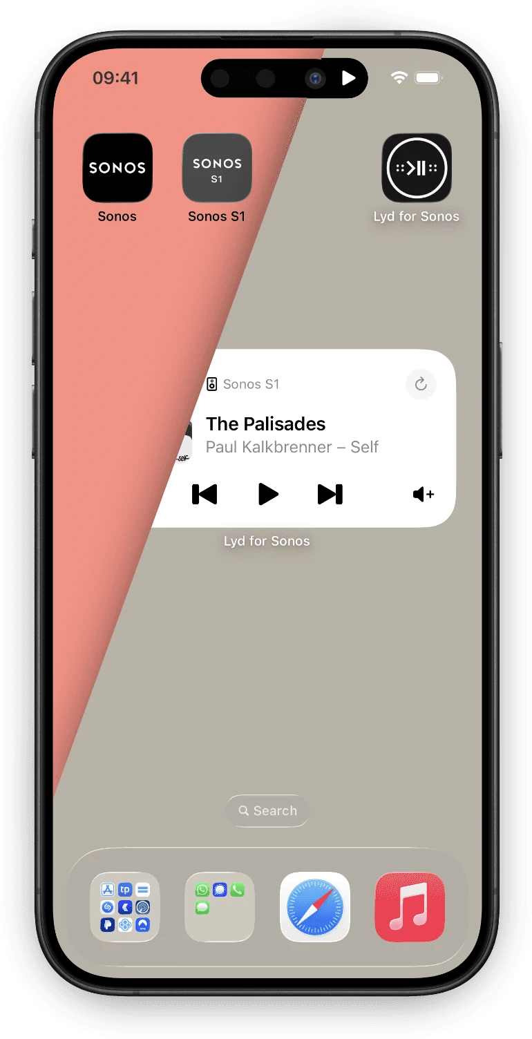 Ein iPhone-Home-Bildschirm mit der Sonos App, der Sonos S1 App und Lyd nebeneinander, dazu ein Lyd-Widget, das auf einem System namens Sonos S1 spielt