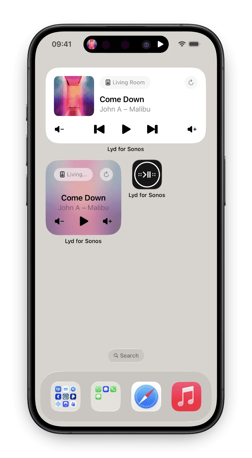 Ein iPhone-Home-Bildschirm mit einem mittleren und einem kleinen Lyd-Widget, beide zeigen den Titel, der im Wohnzimmer läuft